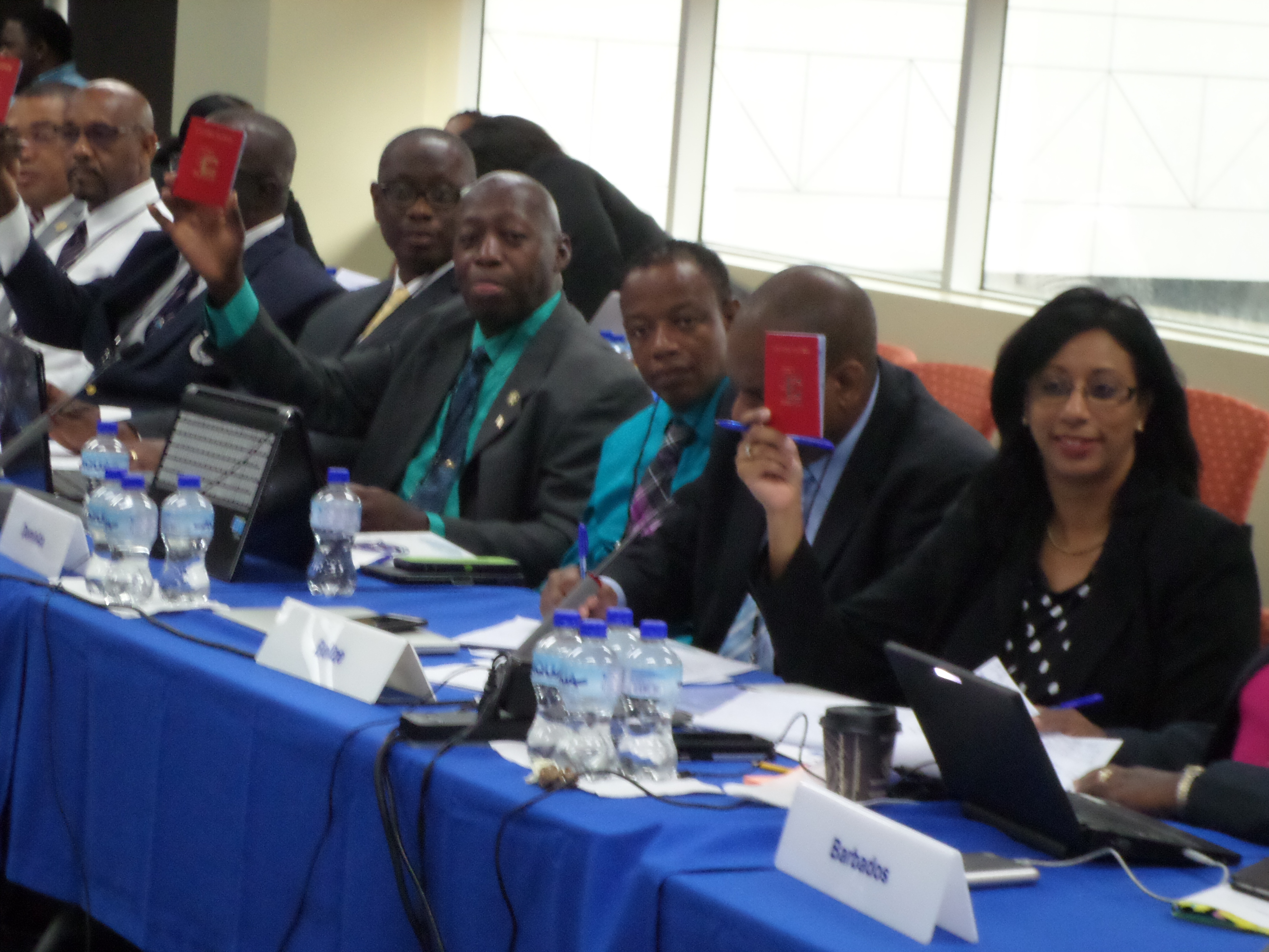 Delegates display  a specimen of the travel document