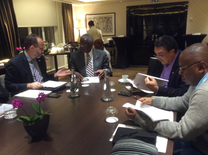 Flashback to the COP 21 Meeting in Paris. (l-r) CARICOM Secretary-General Ambassador Irwin LaRocque, then-CARICOM Chairman Prime Minister Freundel Stuart of Barbados, Lead Prime Ministerial spokesman on Climate Change Dr. Kenny Anthony of St. Lucia a