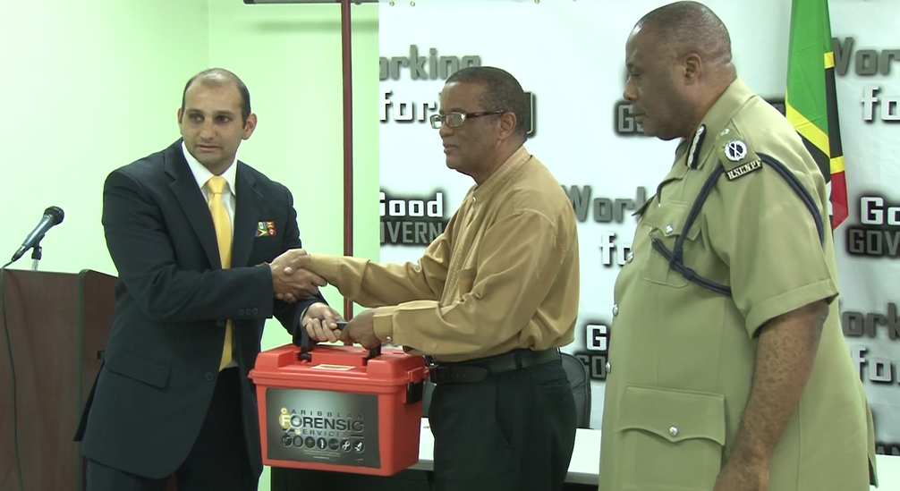 (l-r): Mr. Maurice Aboud; Mr. Osmond Petty; Commissioner Stafford Liburd (SKNIS Photo)
