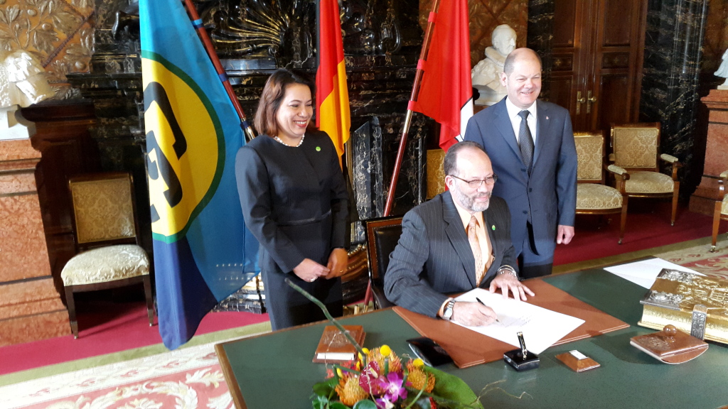 CARICOM Secretary-General Ambassador LaRocque on a visit to the Mayor of Hamburg, accompanied by the Minister of Foreign Affairs of Guyana Hon. Carolyn Rodrigues-Birkett (left). CARICOM Foreign Ministers met their German counterpart in Berlin on 2-3
