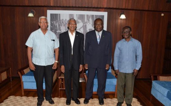 Presddent Granger, second from left, Minister of Agriculture, Guyana, Mr Noel Holder, with CARDI&rsquo;s Executive Director, Mr. Barton Clarke and Technical Services Manager, Mr. Francis Asiedu at the Ministry of the Presidency on Thursday (Photo via