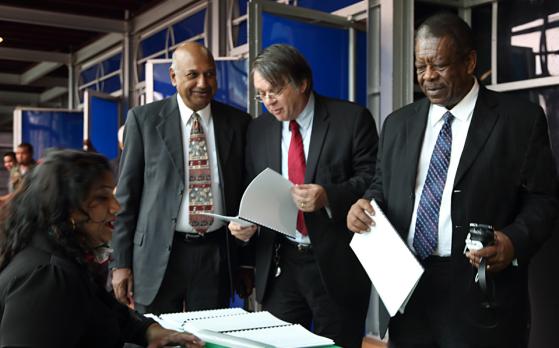From left, are The Hon. Mr Justice Carl Singh, the Hon. Mr Justice Jacob Wit, the Rt Hon Sir Dennis Byron. (Photo via CCJ)