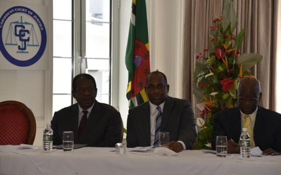 From left, President of the CCJ Sir Denis Byron, Prime Minister of Dominica Hon. Roosevelt Skerrit, Constitutional Law expert and Feature Speaker Dr. Francis Alexis